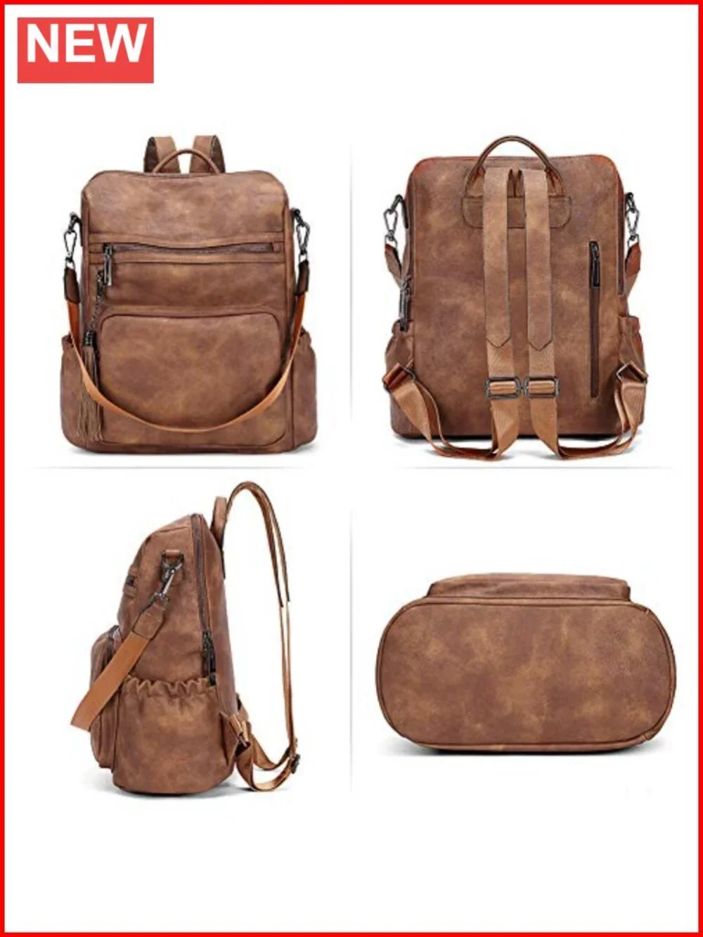 Large PU Leather Convertible Backpack Purse with Tassel for Travel